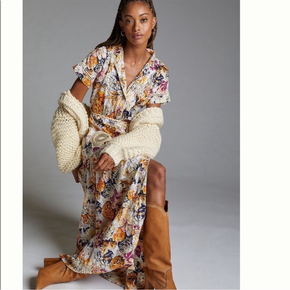 NWT Anthropologie Barok Floral Crochet Button Down Maxi Shirt Dress Size S/M - Picture 2 of 10